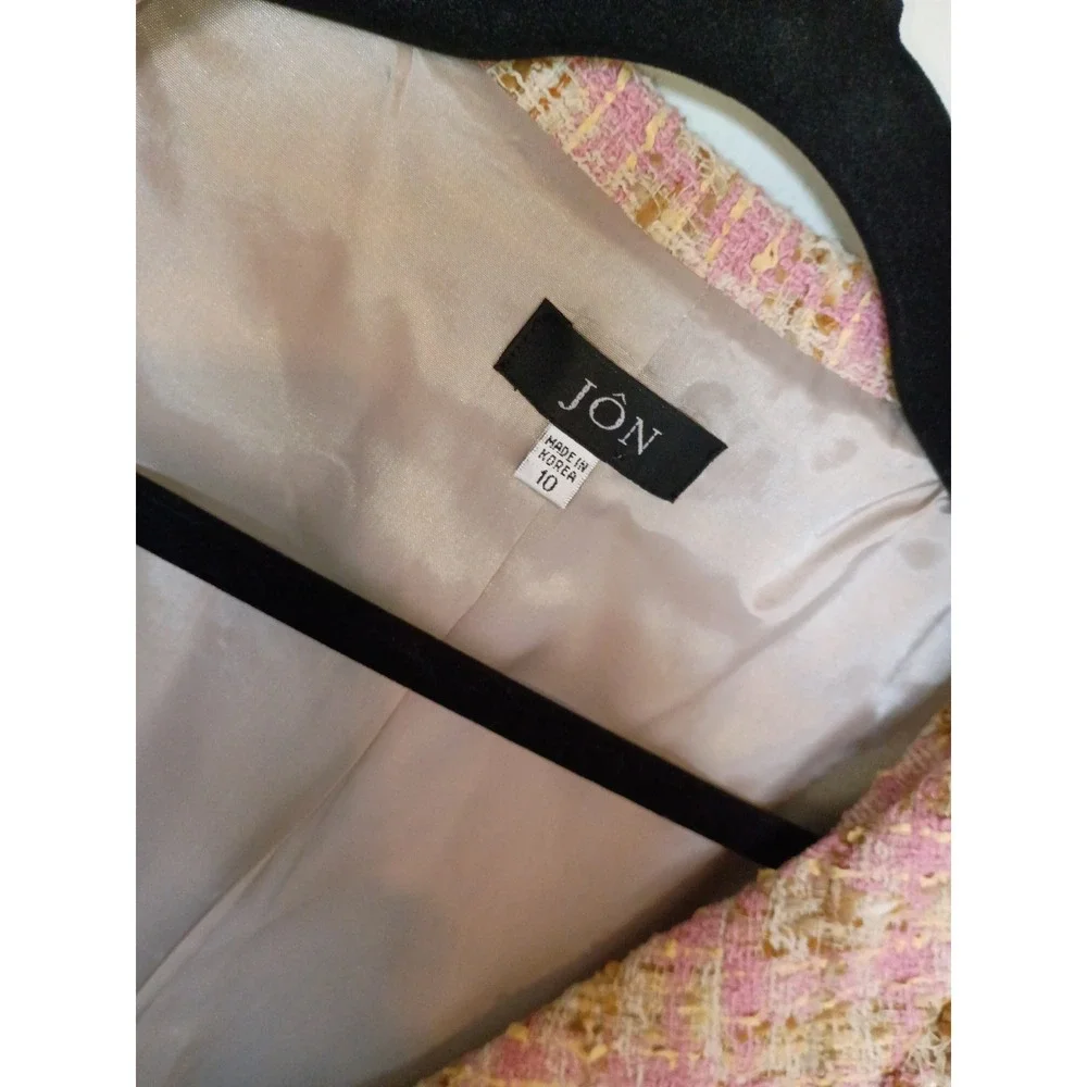 JÔN Pink Tweed Skirt Suit Set Jacket 10 Skirt 6 Fringe Trim‎ Bow